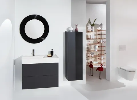 Ein modernes Badezimmer mit weißen Wänden und einem schwarzen Waschtisch.