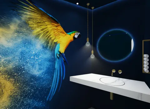 Modernes Designerbad mit großformatiger Papagei-Fototapete, dunklen Wänden und beleuchtetem Rundspiegel.