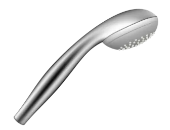 Eine moderne, verchromte Handbrause in einem minimalistischen Design ist vor einem weißen Hintergrund abgebildet.