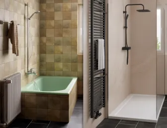 Fotorealistische Vorherher-Nachherplanung einer Duschsanierung, bei der die Wanne durch eine Dusche ersetzt wird. 