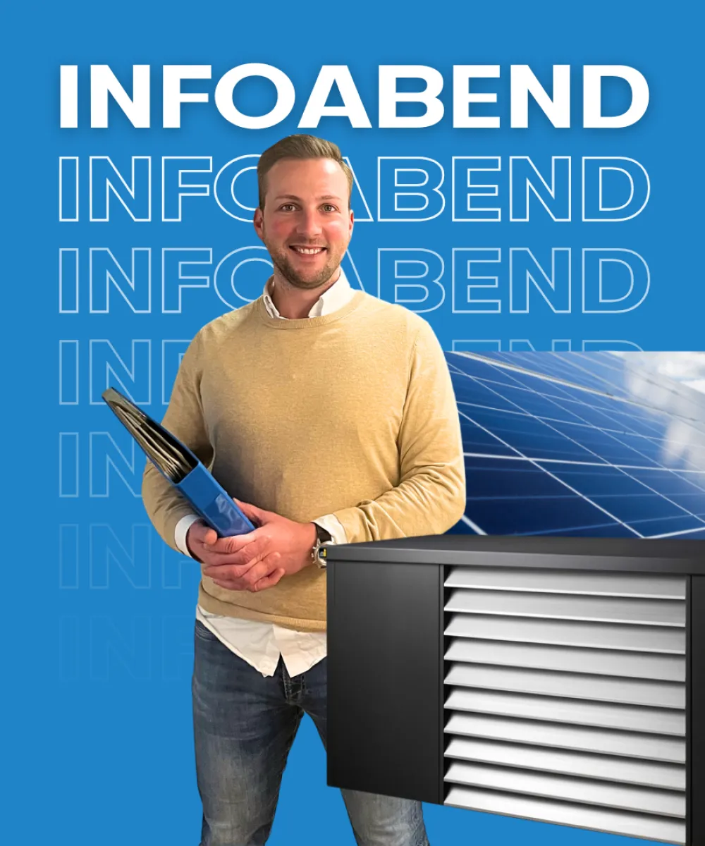 Banner Infoabend mit Geschäftsführer Marius Wolf neben einer Wärmepumpe und PV-Modul.