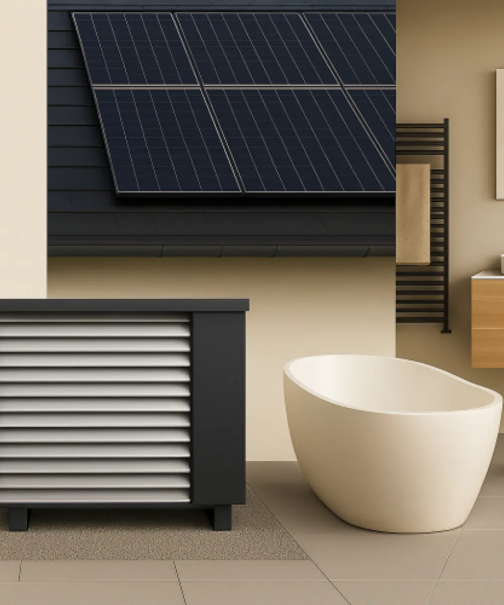 Eine Bildcollage bestehend aus drei Bildern zeigt eine dunkle Wärmepumpe, eine Photovoltaikanlage auf dem Dach sowie eine freistehende Badewanne.