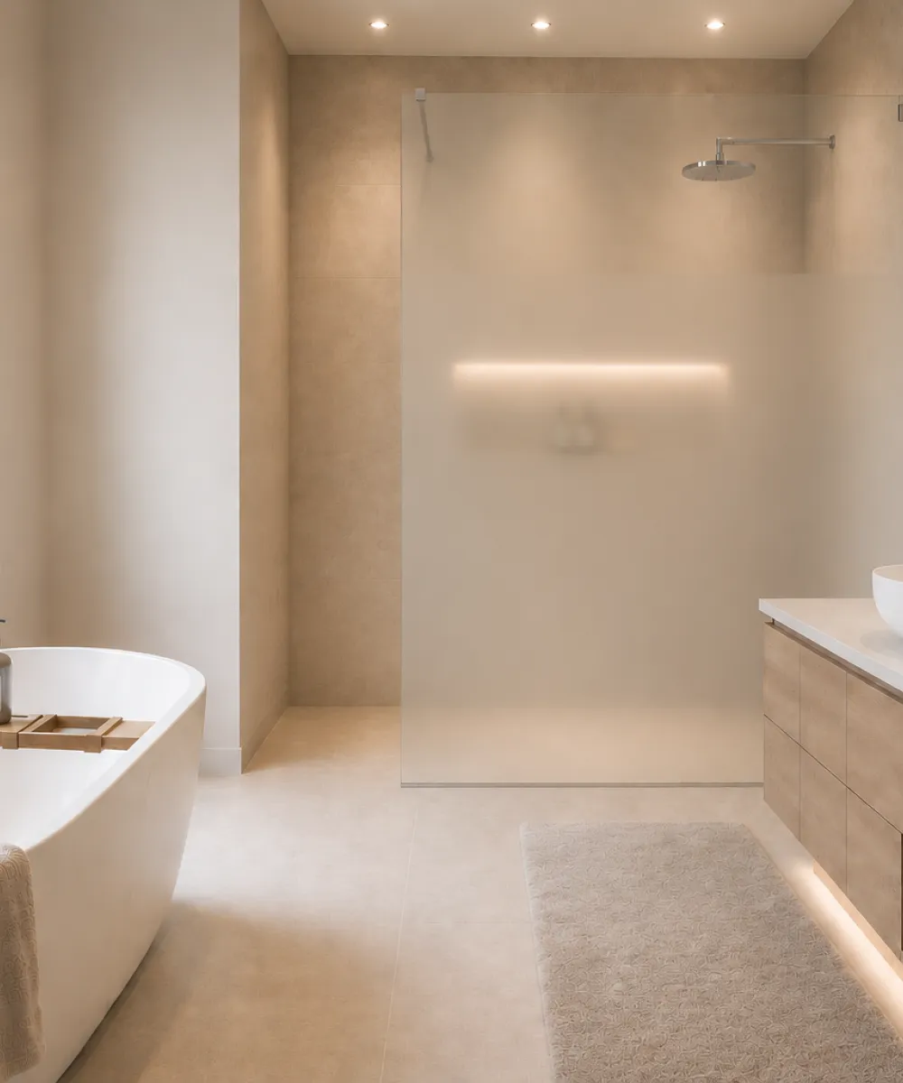 Modernes Badezimmer in warmen Naturtönen mit freistehender Badewanne, bodengleicher Walk-in-Dusche, Holzwaschtisch und beleuchtetem Spiegel.