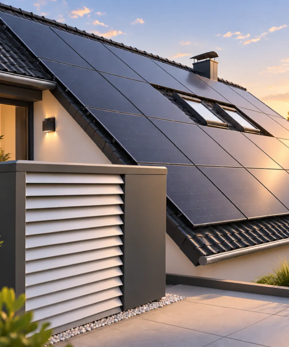 Haus mit Photovoltaikmodulen und Wärmepumpe.