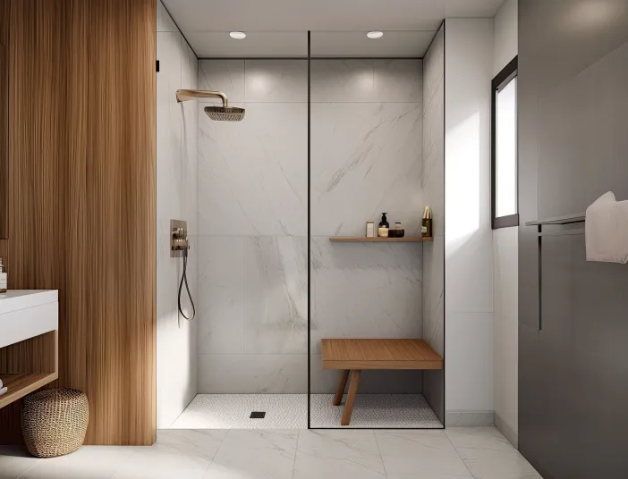 Offene, bodenebene Dusche, die durch eine transparente Glaswand abgetrennt ist.